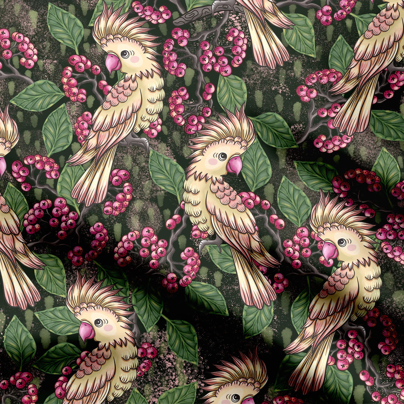 Parrot and berries Print Fabric