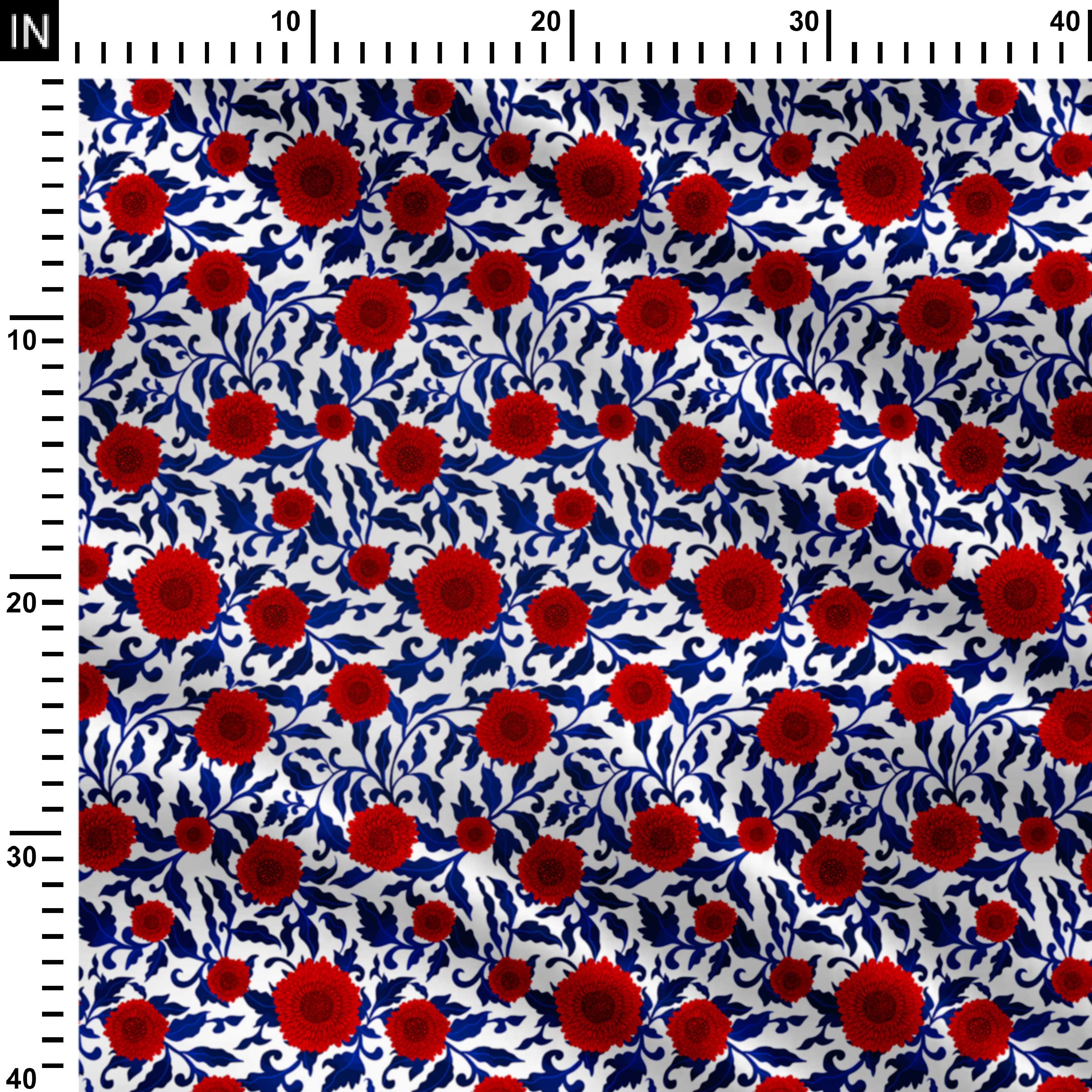 Bold chrysanthemum, poppy red and cobalt blue Print Fabric