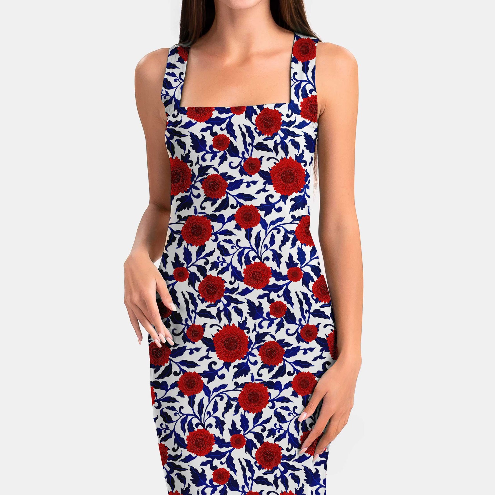 Bold chrysanthemum, poppy red and cobalt blue Print Fabric