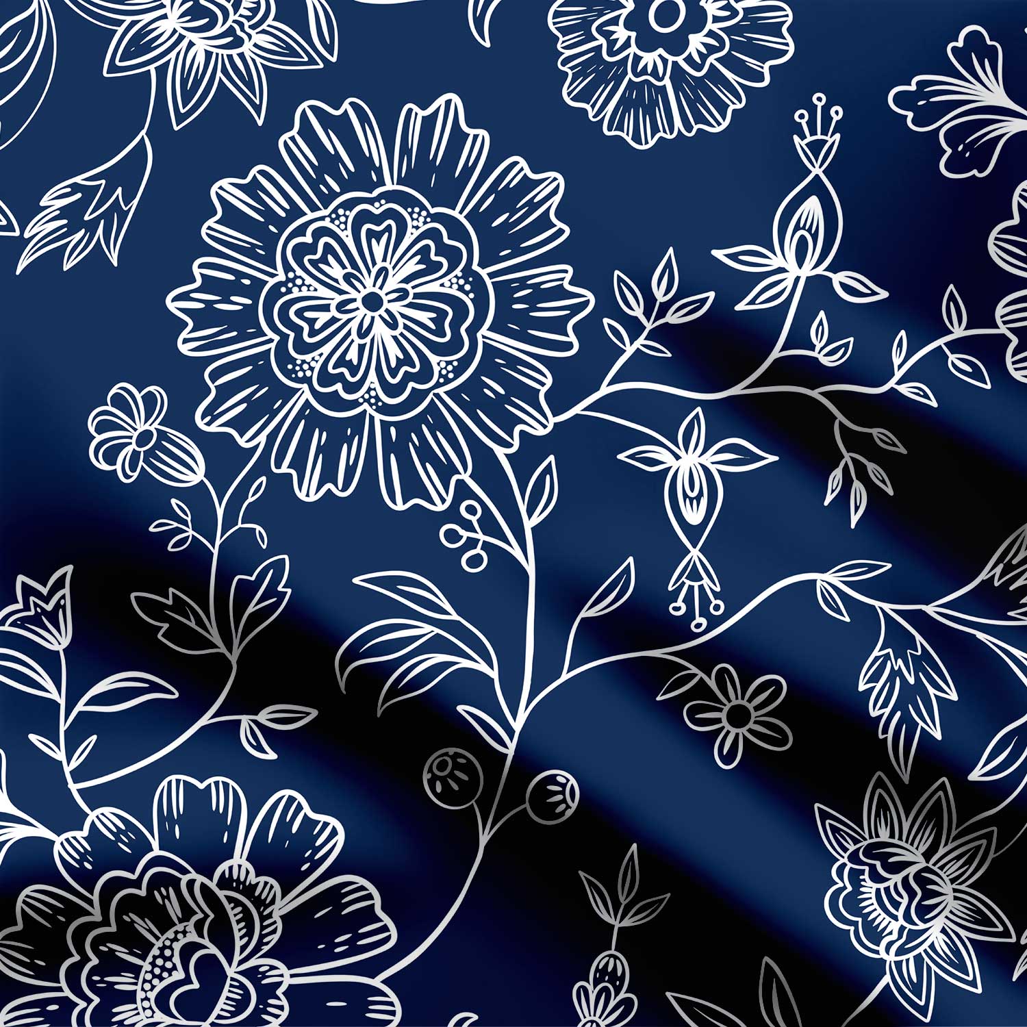 Vintage floral line art, white on blue navy Print Fabric