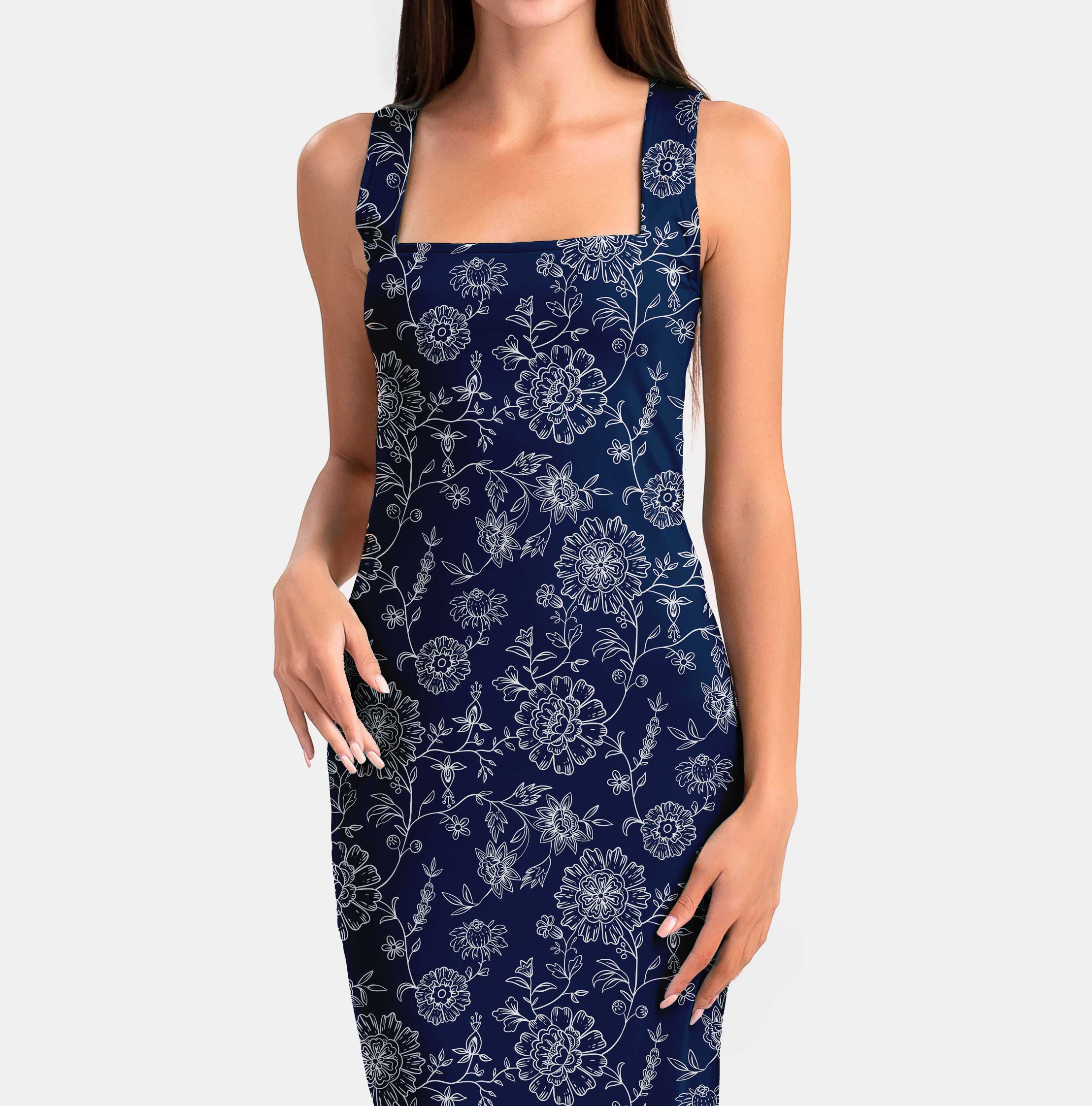 Vintage floral line art, white on blue navy Print Fabric