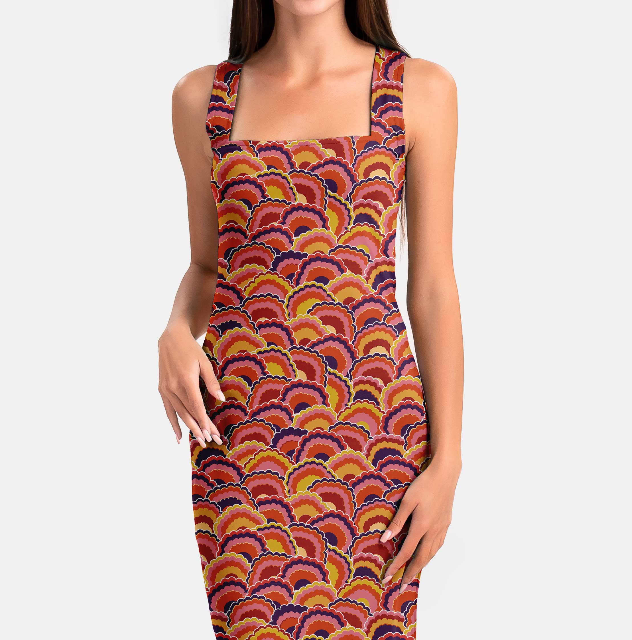 रेट्रो सनशाइन- नारंगी, पीला और गुलाबी प्रिंट वाला कपड़ा