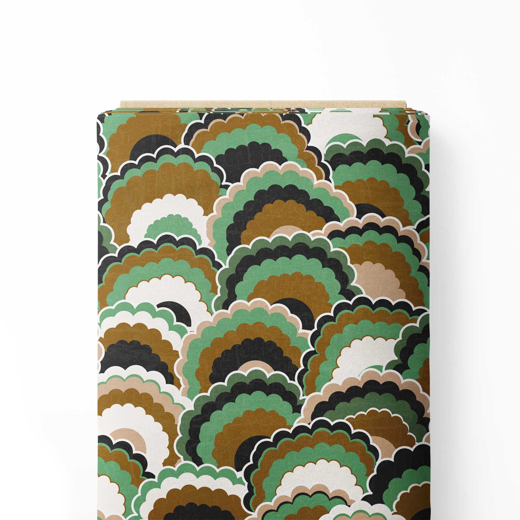 रेट्रो सनशाइन- हरा, भूरा और काला प्रिंट फ़ैब्रिक