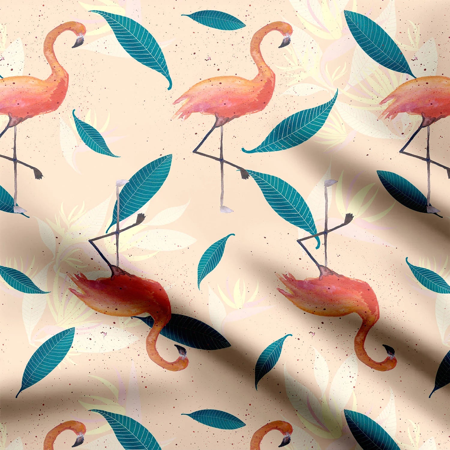 Tropical flamingos peach and green Print Fabric