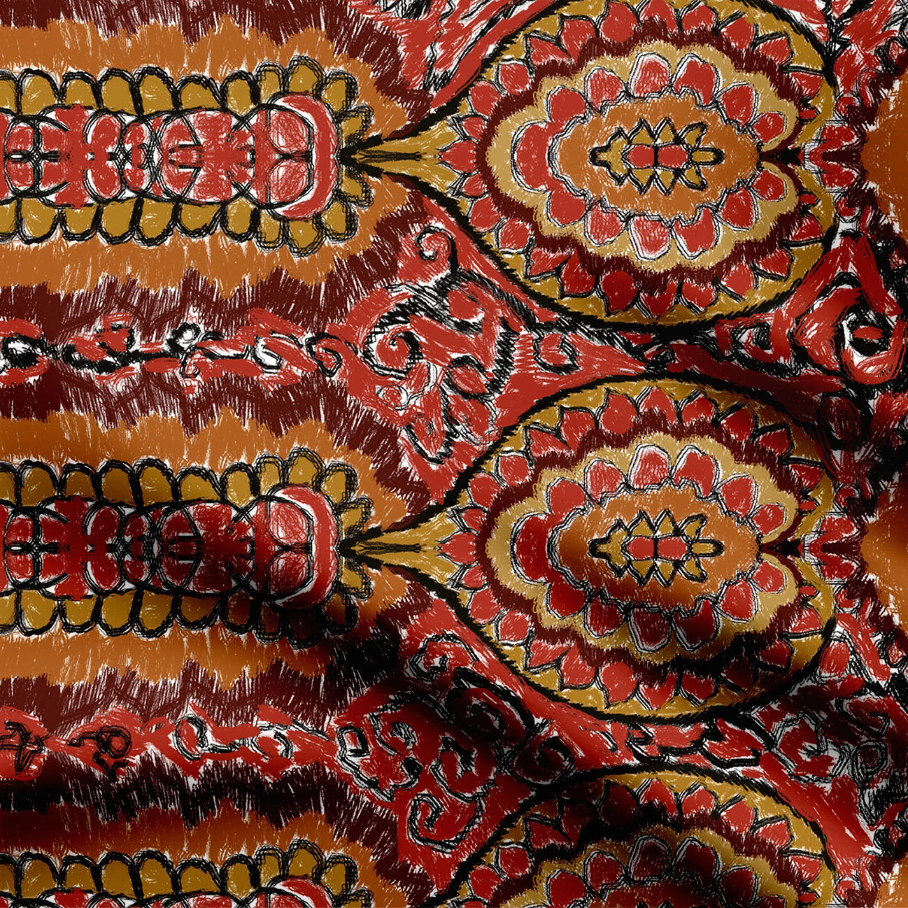 Red black ikat Print Fabric