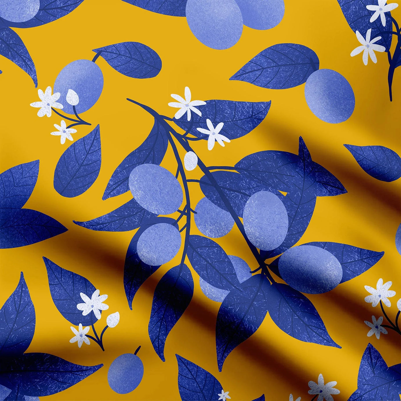 Indigo plums on honey background Print Fabric