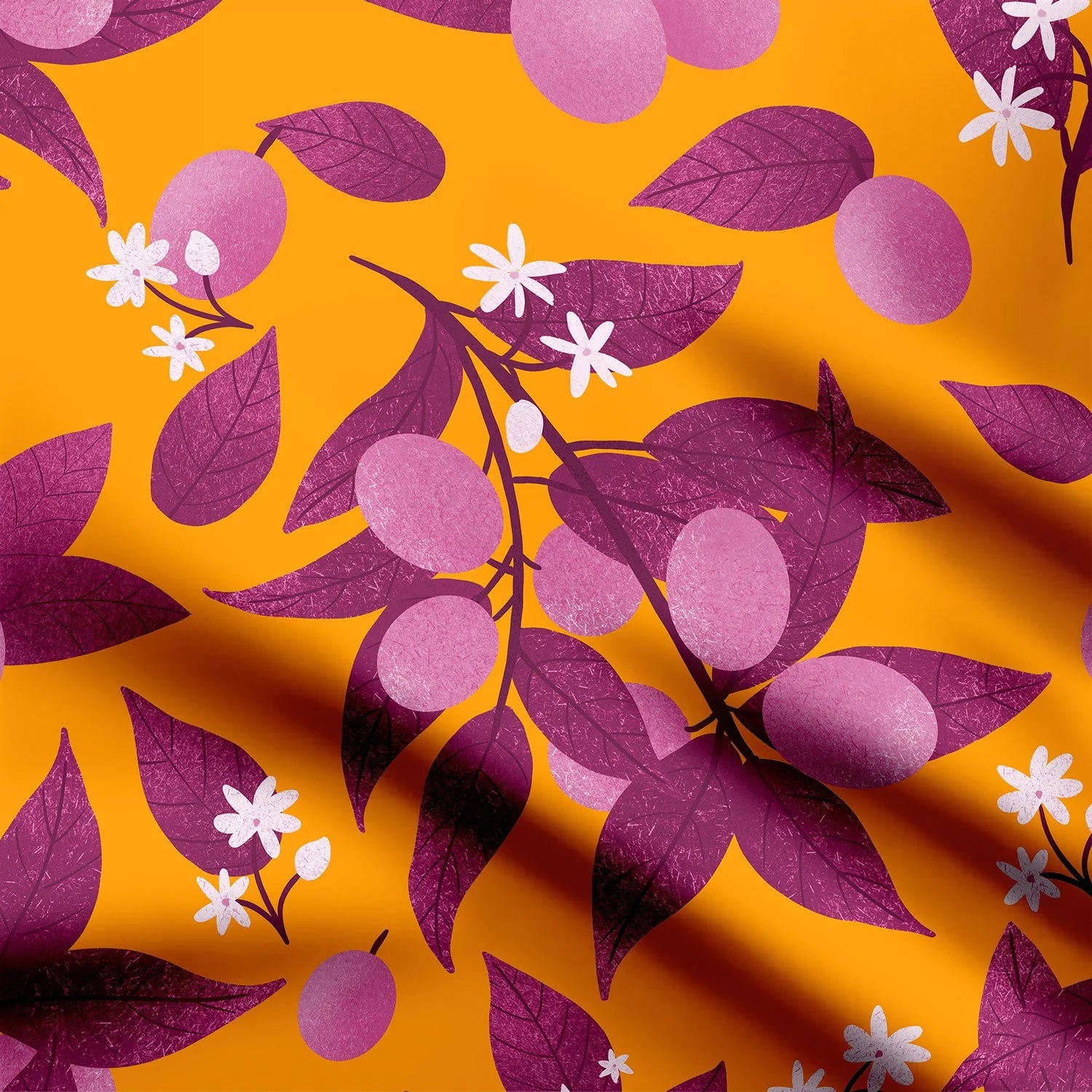 Tropical berries orange and magenta Print Fabric