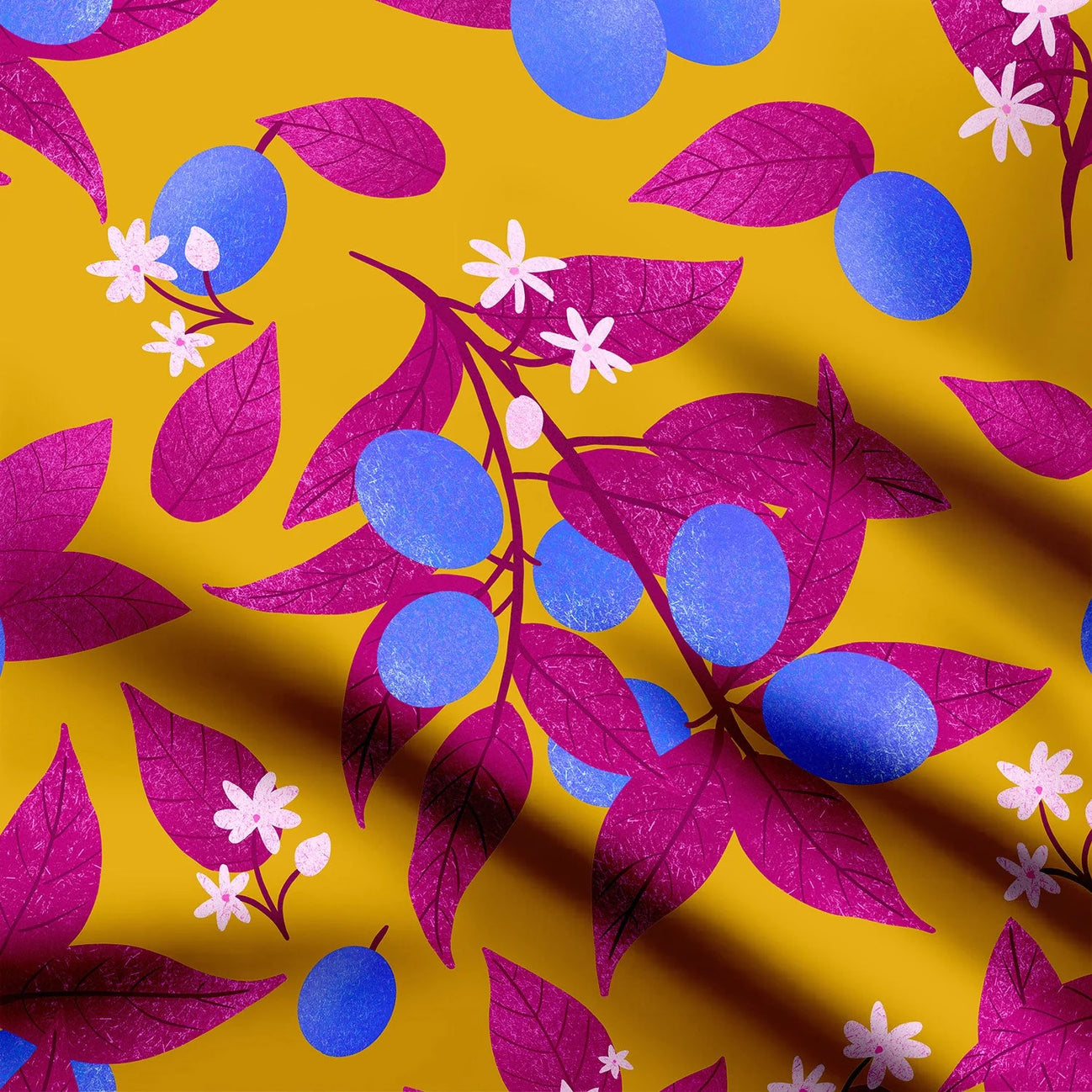 Tropical plums blue, magenta and orange Print Fabric