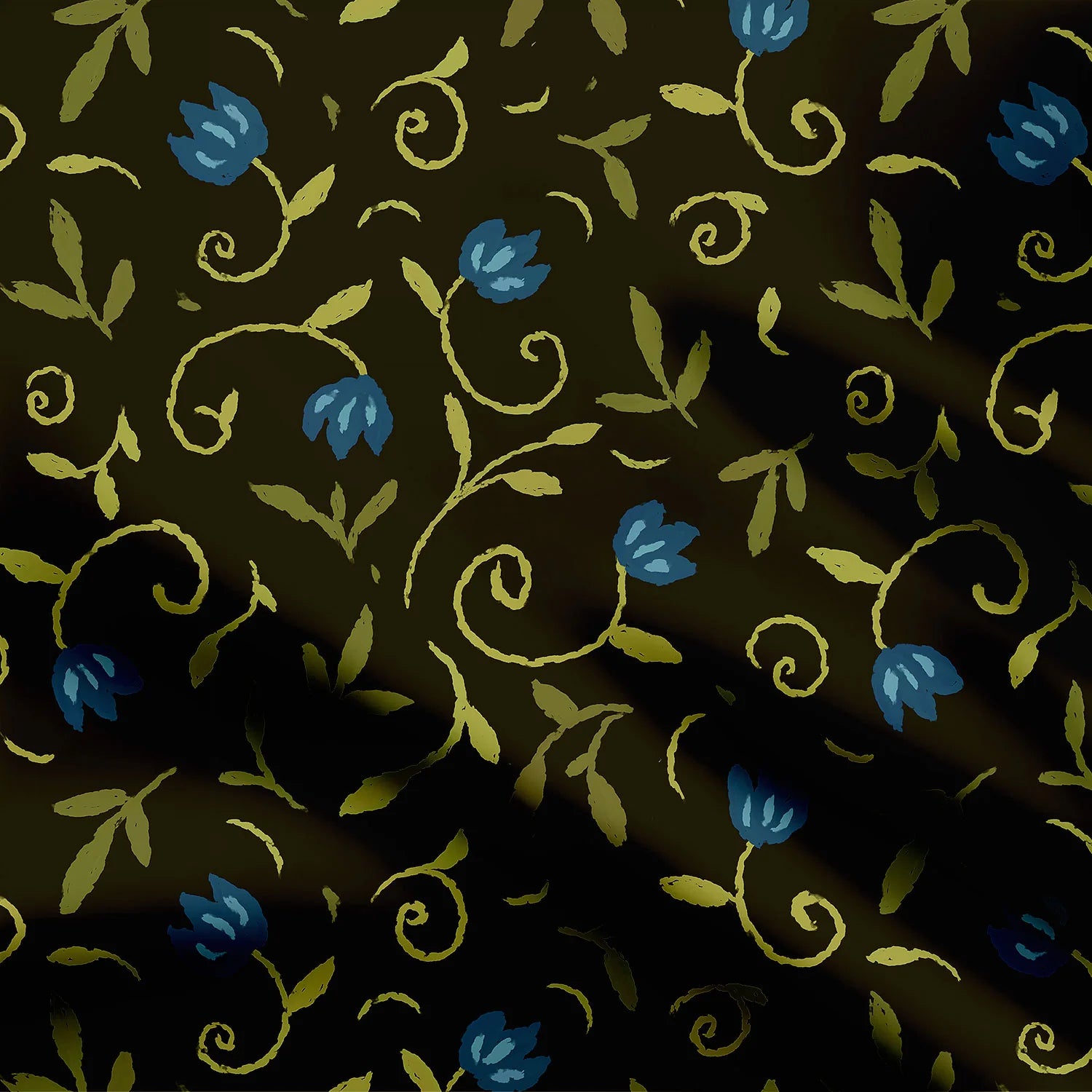 Dipsy Cottagecore Ditsy Florals Blue on Black Print Fabric