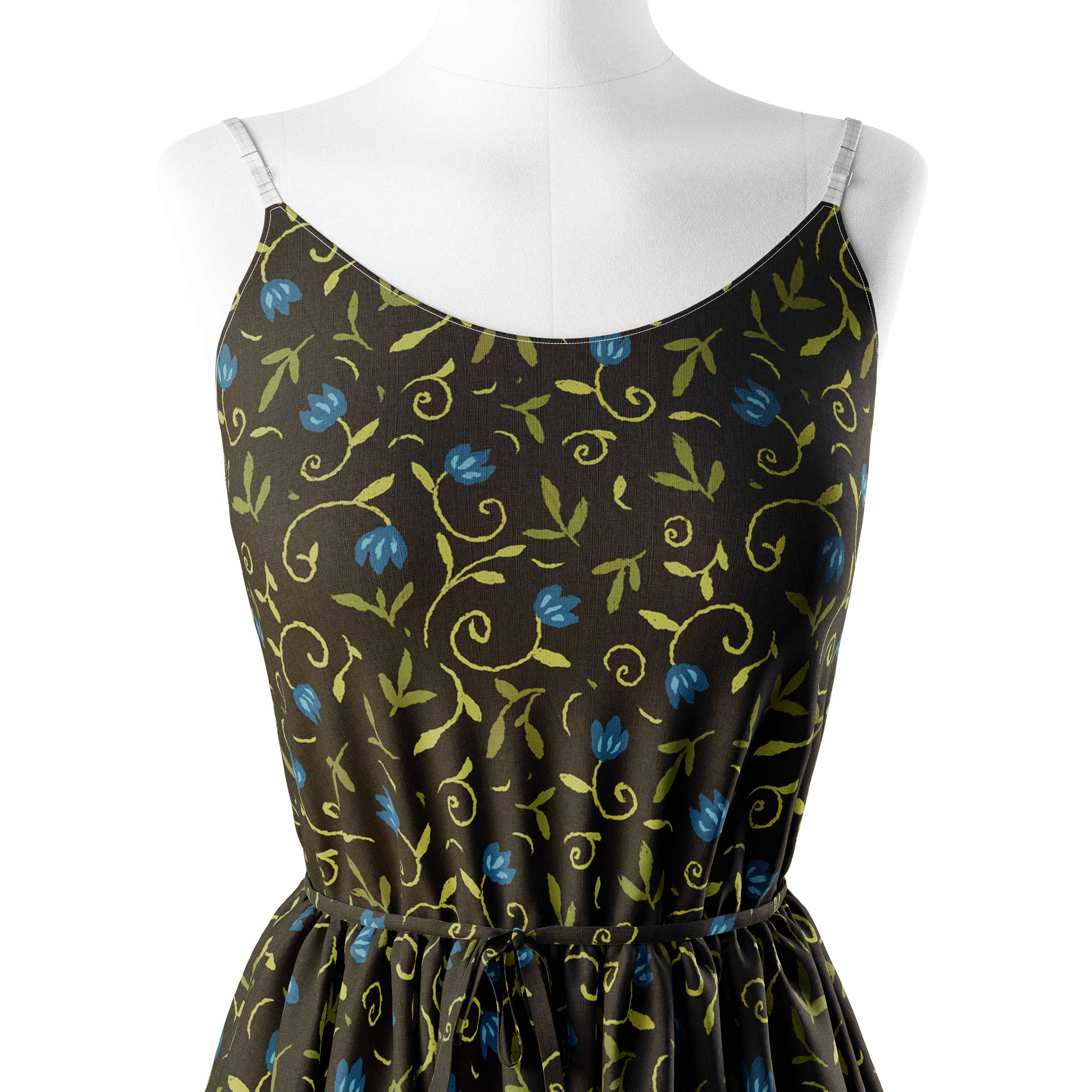 Dipsy Cottagecore Ditsy Florals Blue on Black Print Fabric