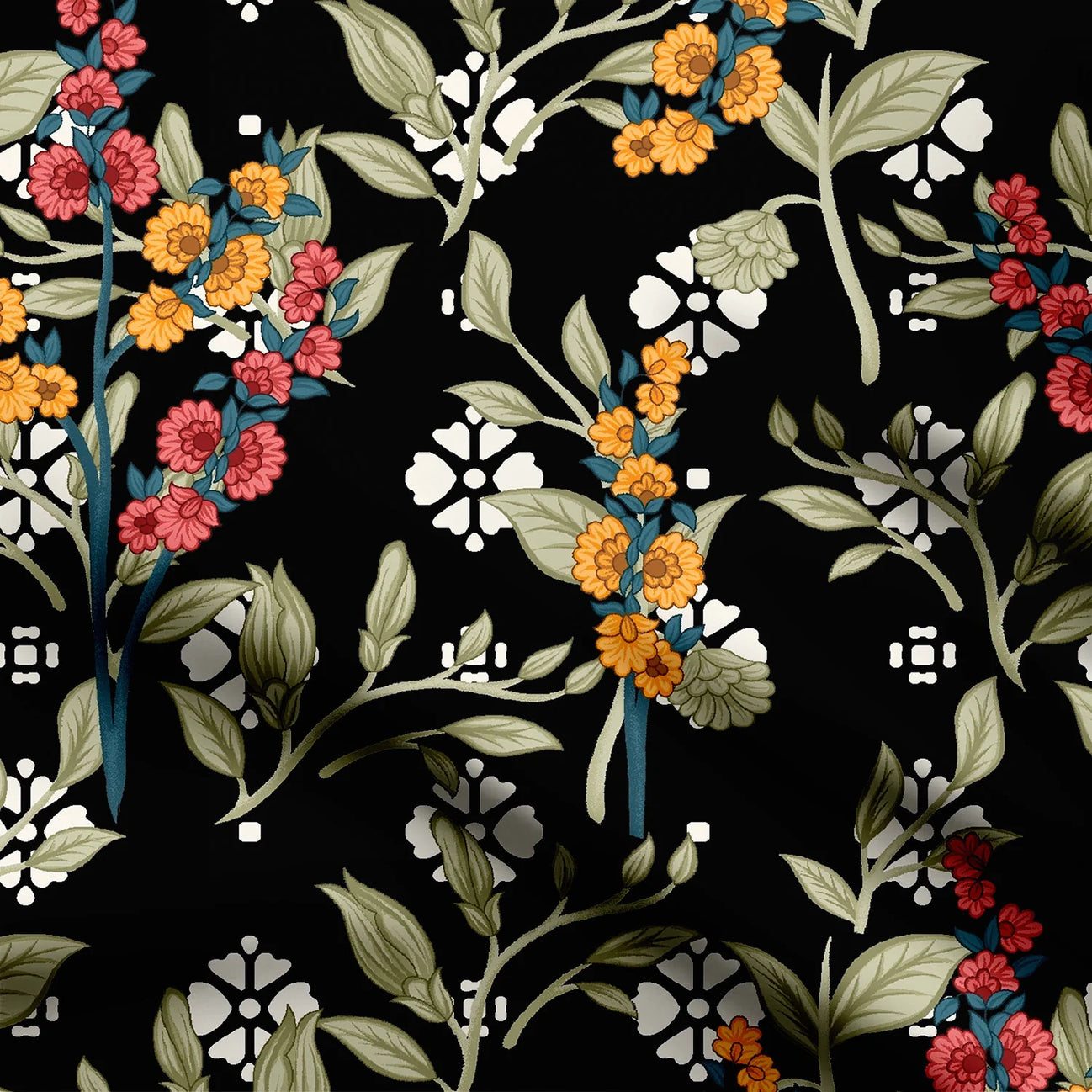 black grounded florala Print Fabric