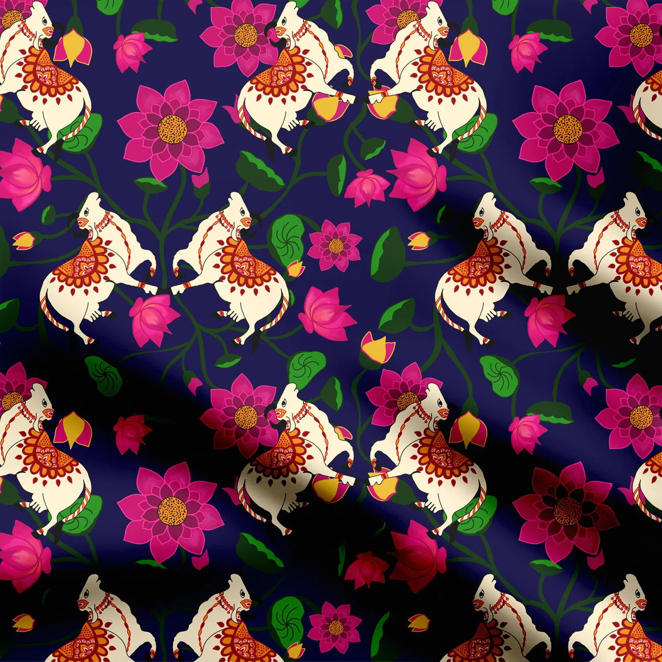 Blue color2 Pichwai print with lotus and cow Print Fabric