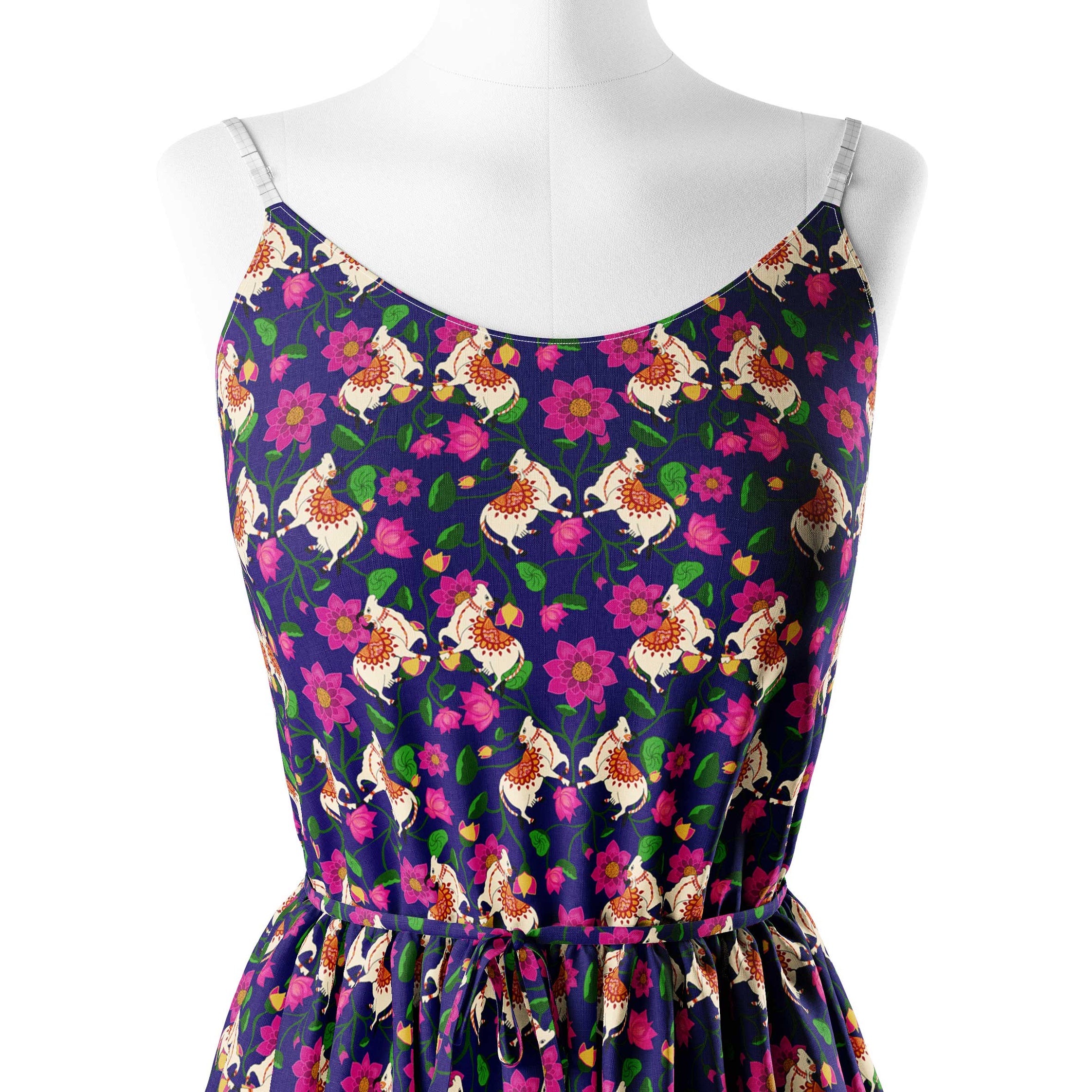 Blue color2 Pichwai print with lotus and cow Print Fabric