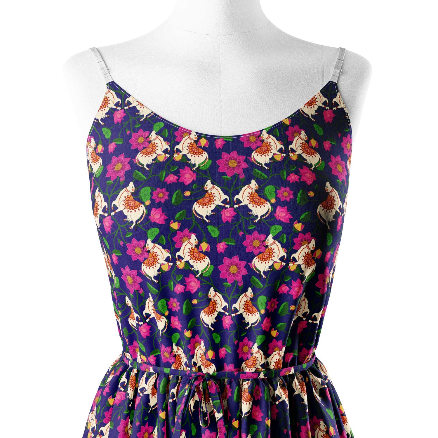 Blue color2 Pichwai print with lotus and cow Print Fabric