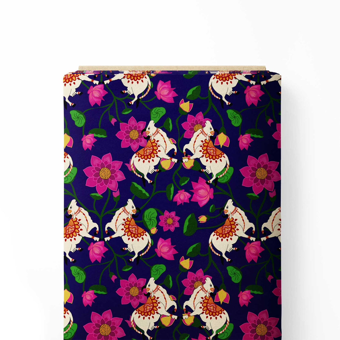 Blue color2 Pichwai print with lotus and cow Print Fabric