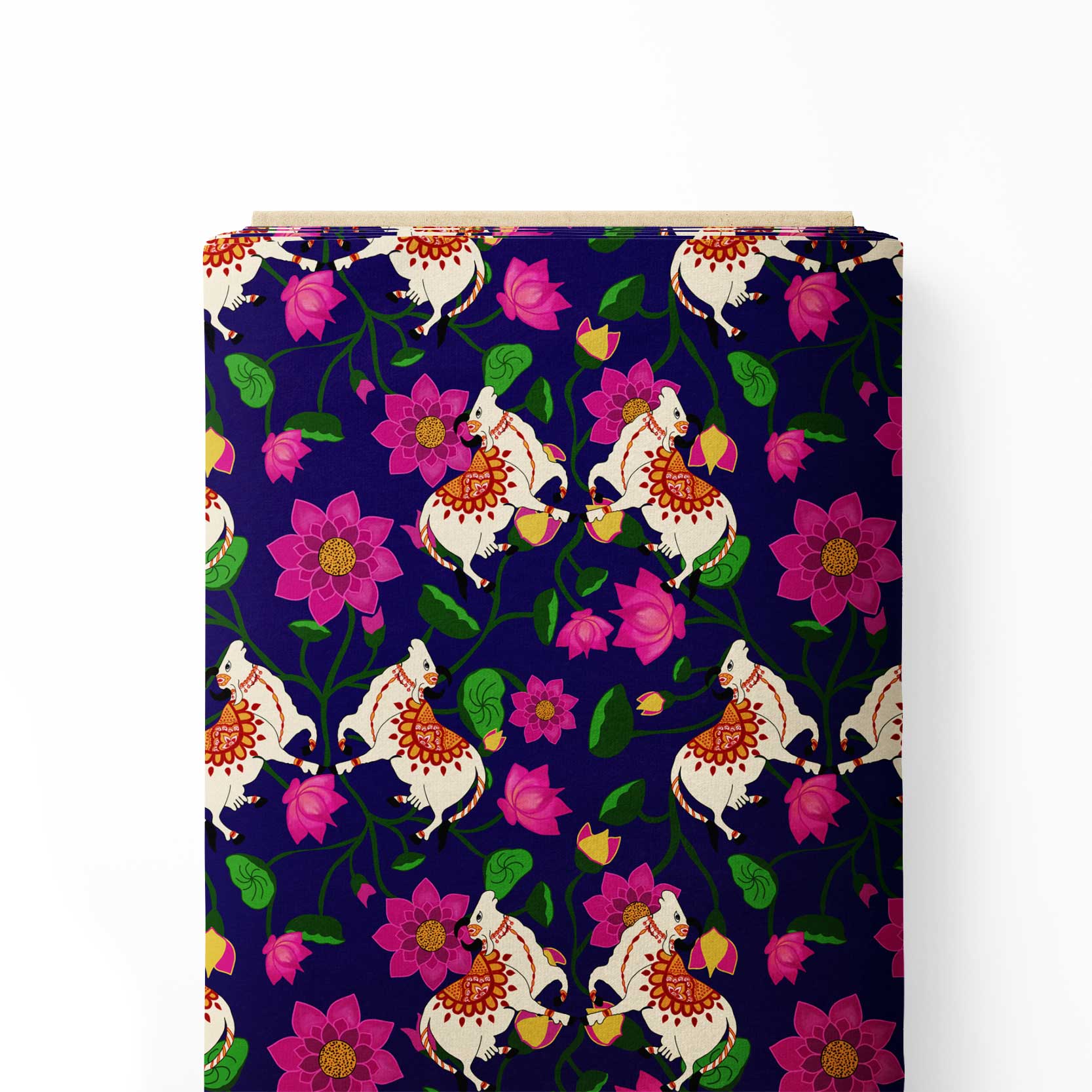 Blue color2 Pichwai print with lotus and cow Print Fabric