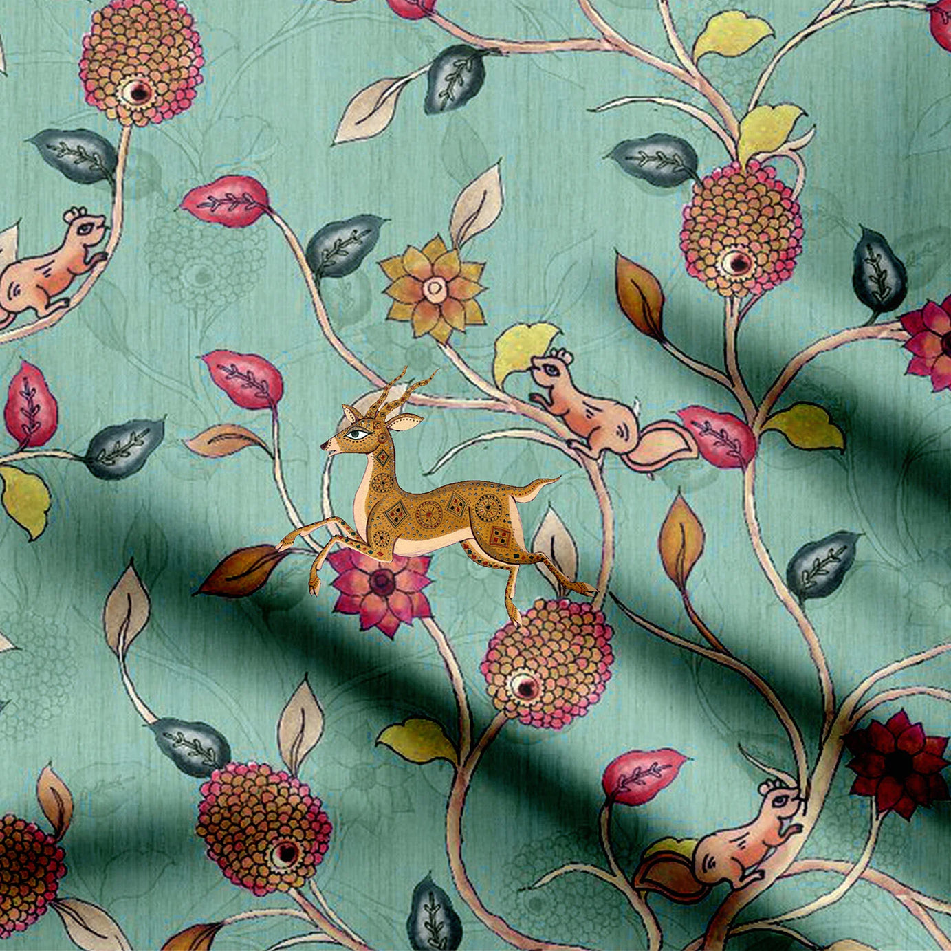 Dear and Squirrel Kalamkari Print Fabric