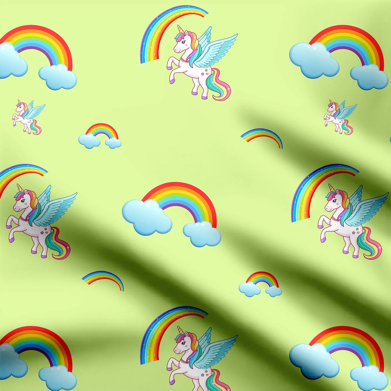 Light Green Rainbow & Unicorn Print Fabric