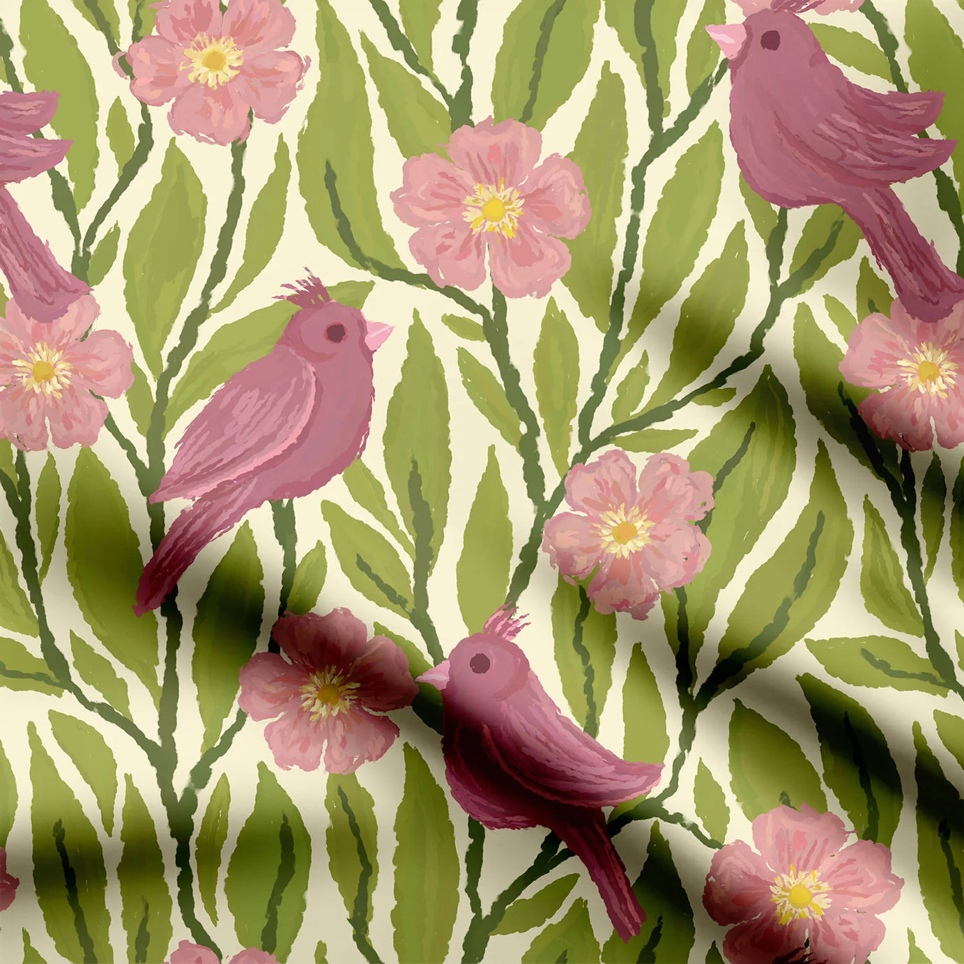 Pink Birds and Wild Rose Flowers Print Fabric