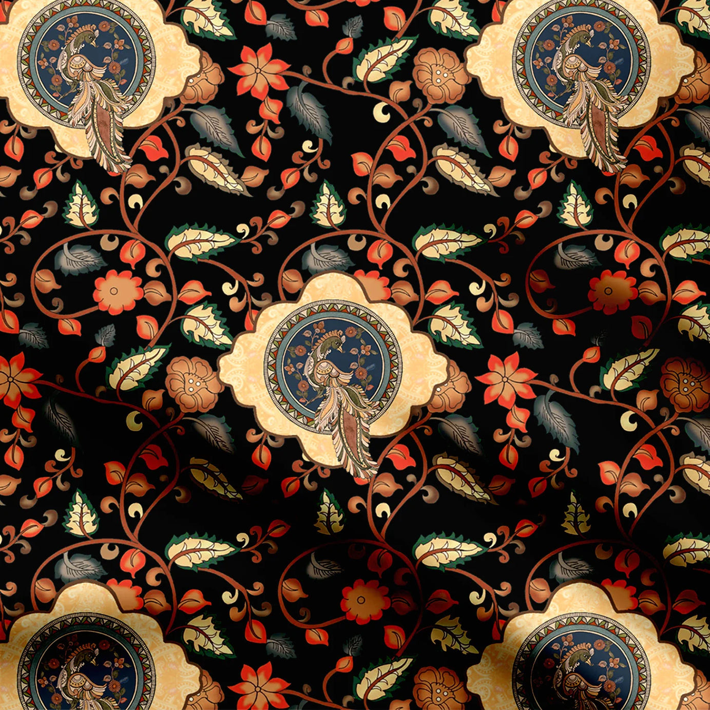 Dark Kalamkari Peacock Print Fabric