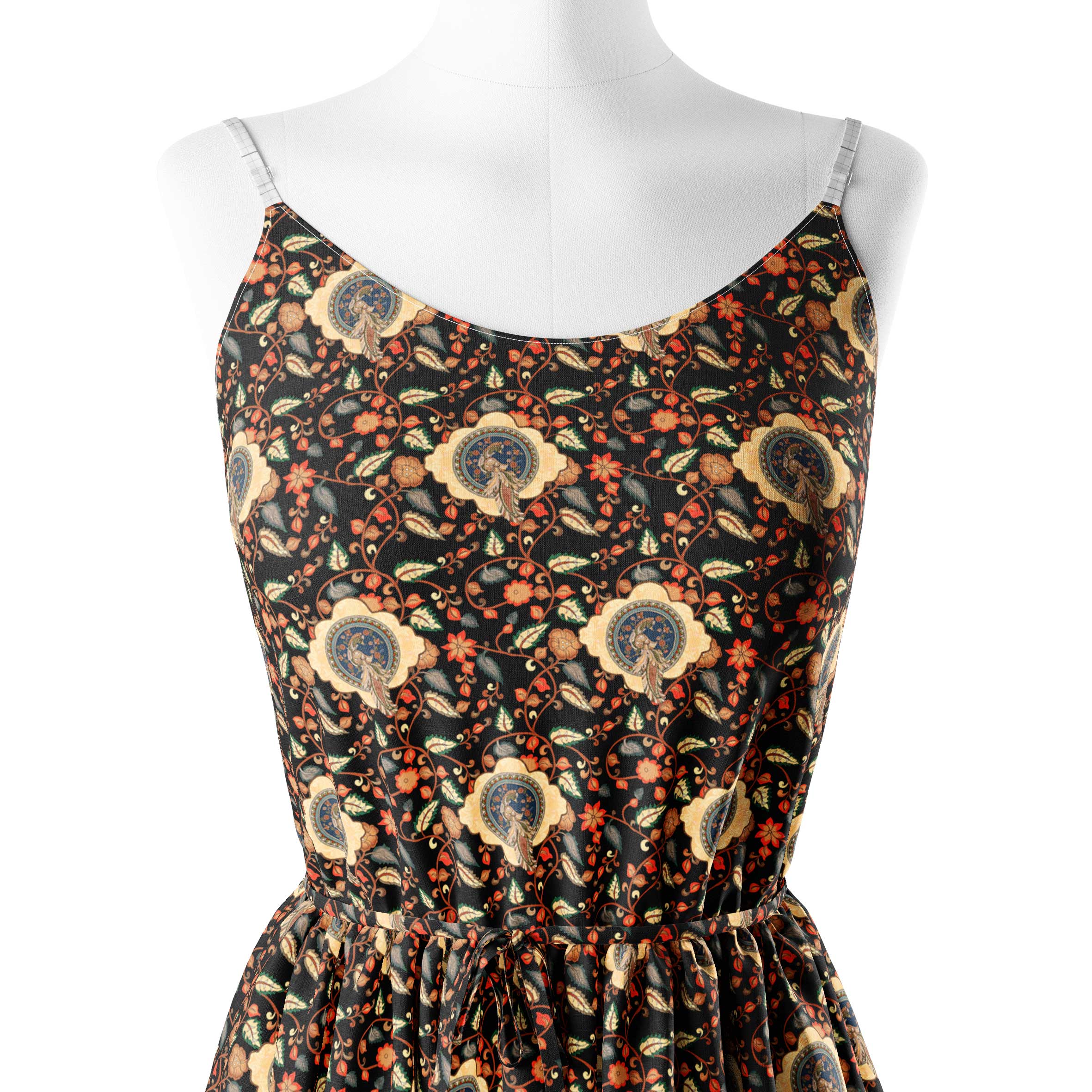 Dark Kalamkari Peacock Print Fabric