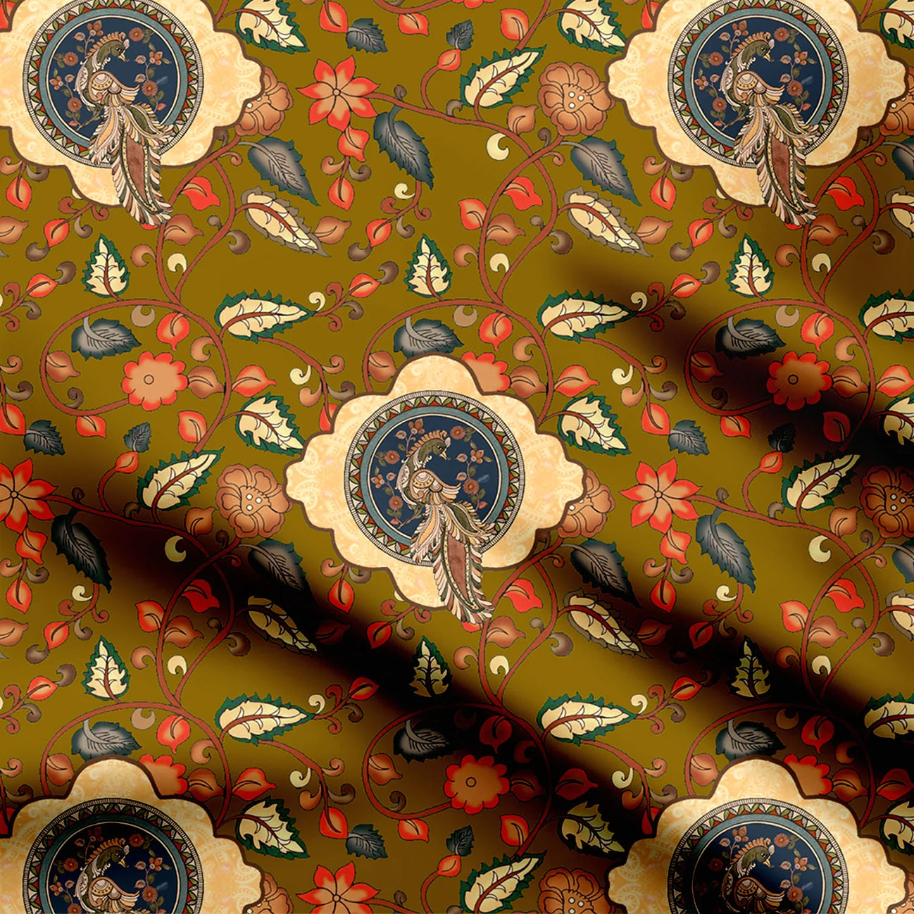 Mehendi Kalamkari Peacock Print Fabric