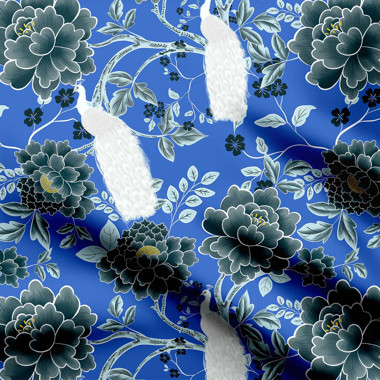 White peacock with chinoiserie Print Fabric