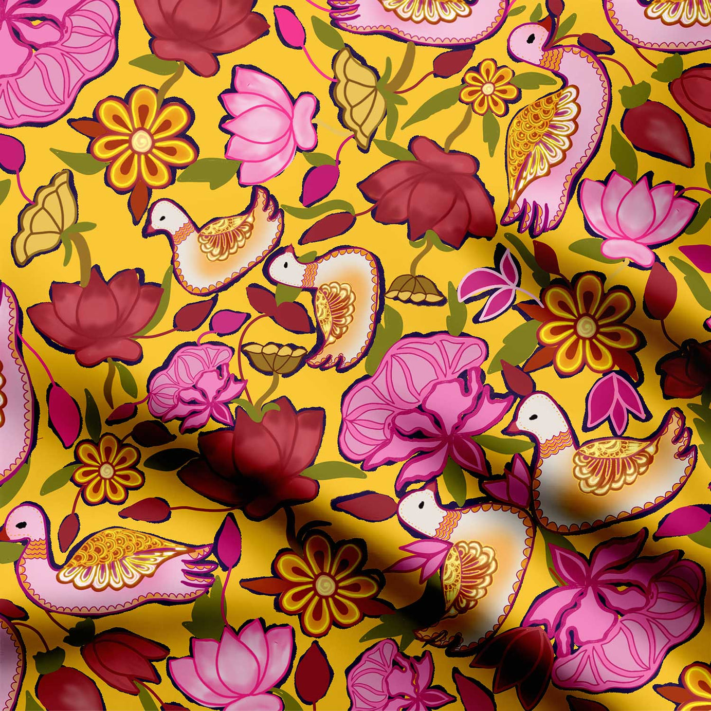 swan and louts yellow Print Fabric