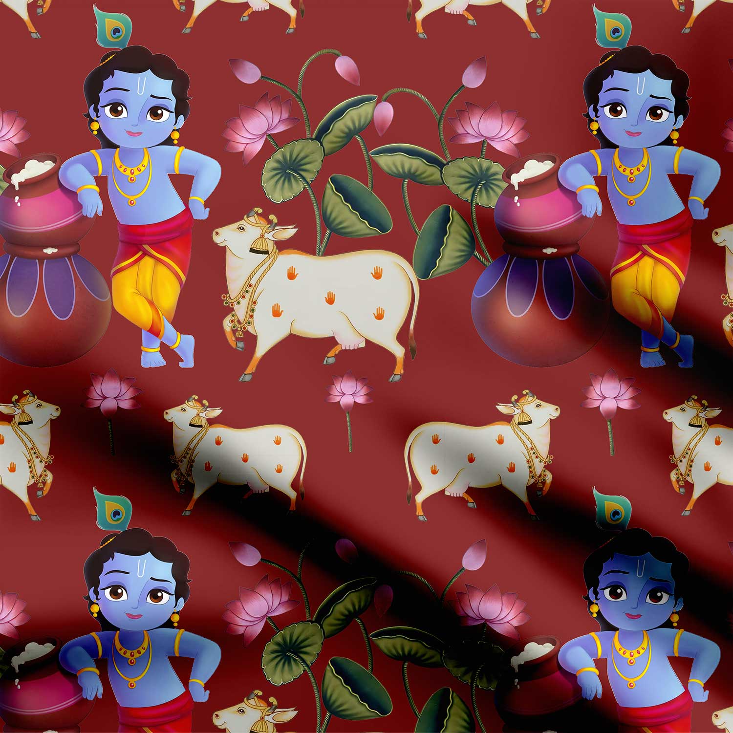 बाल कृष्ण और कमल प्रिंट फैब्रिक