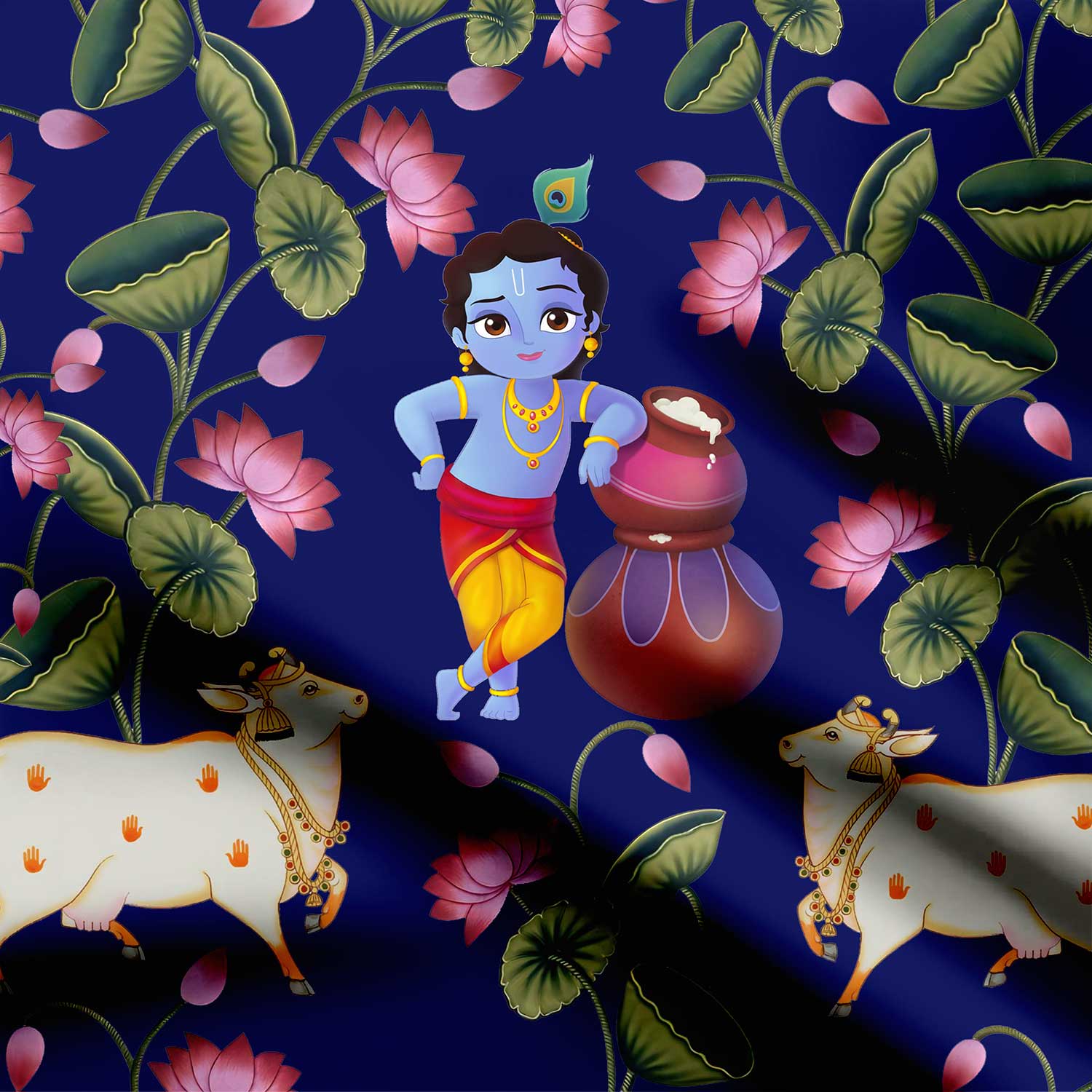 Krishna in the Lotus Garden Print Fabric