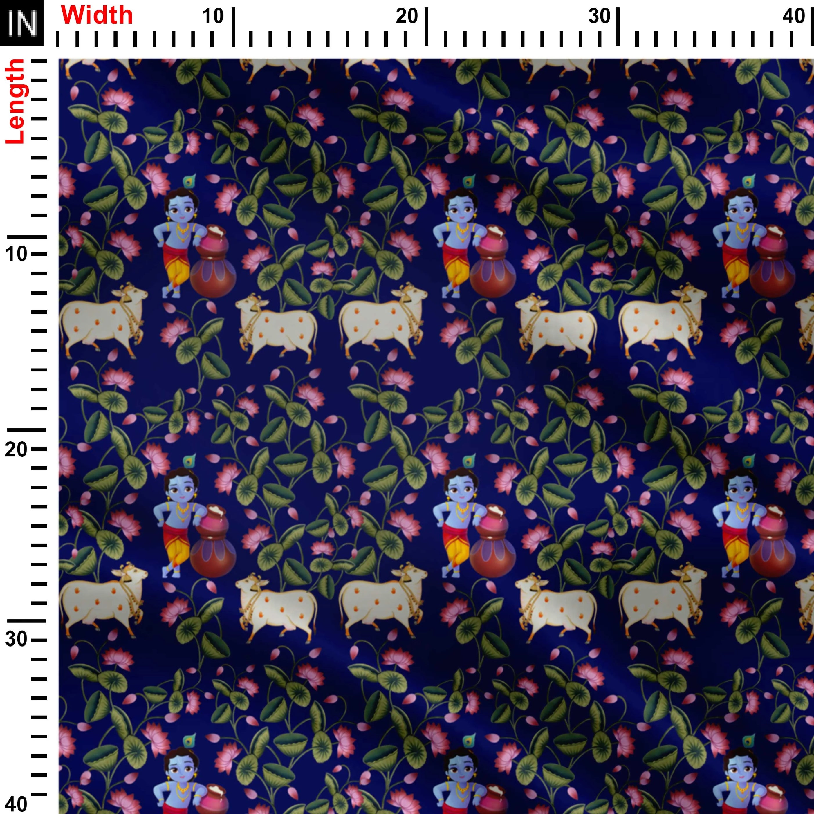 Krishna in the Lotus Garden Print Fabric