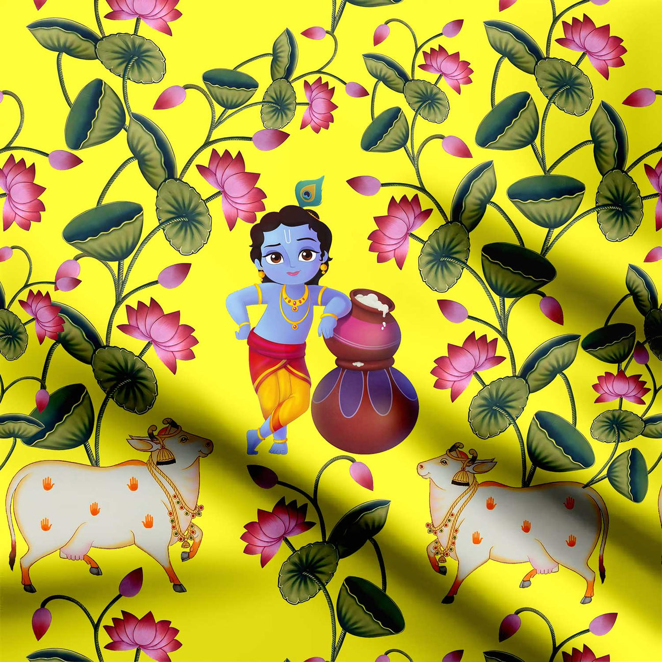 Little Krishna with Lotus Print Fabric