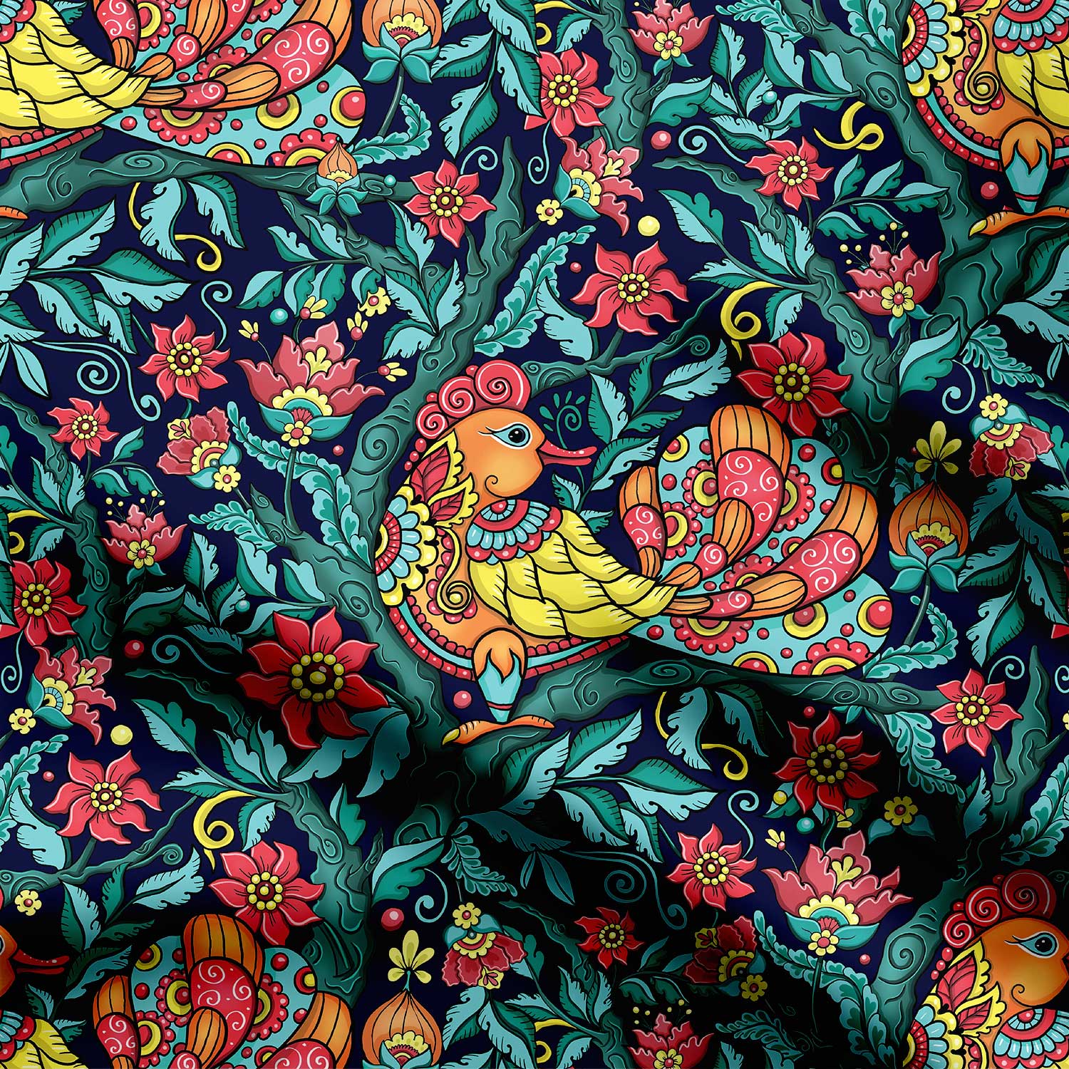 Ornamental birds and flowers Print Fabric