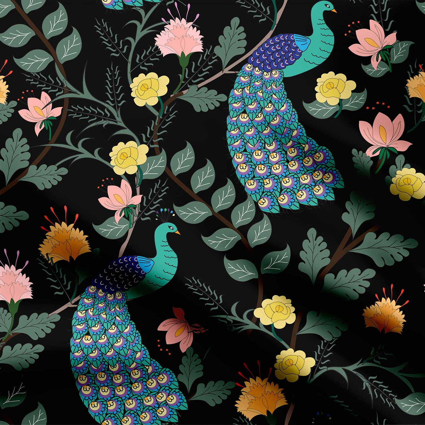 Beauty of Peacocks at night Print Fabric