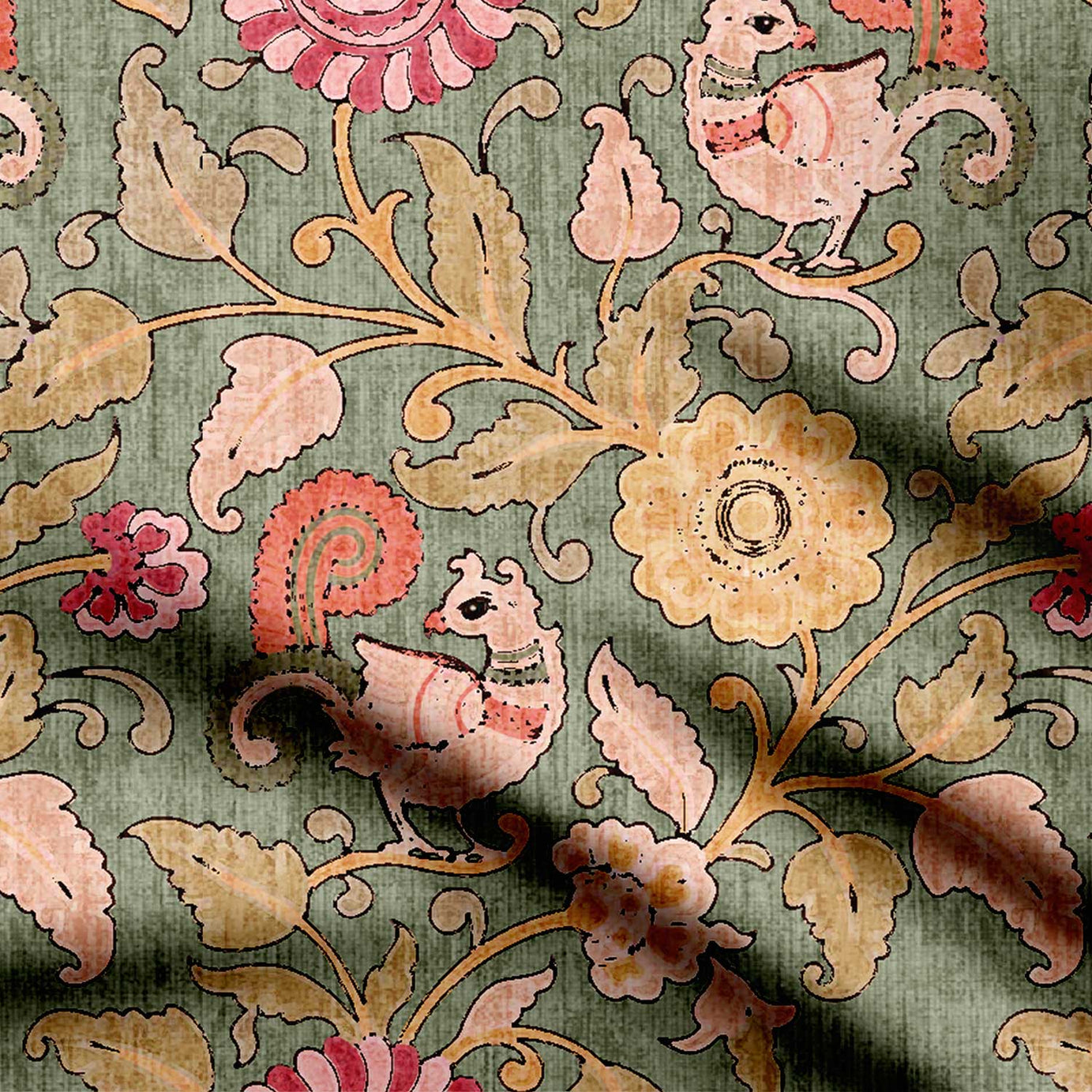 Kalamkari Dusty Peacock Print Fabric