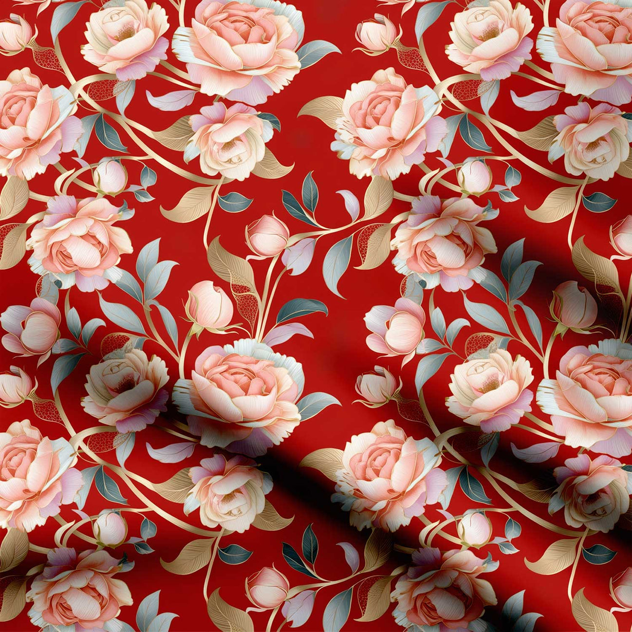 Red Peach Roses Print Fabric