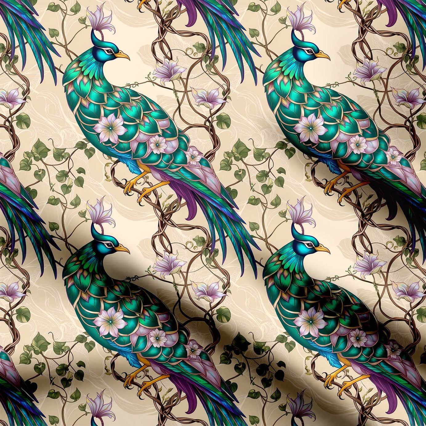 Ethnic Peacock Kalamkari Print Fabric