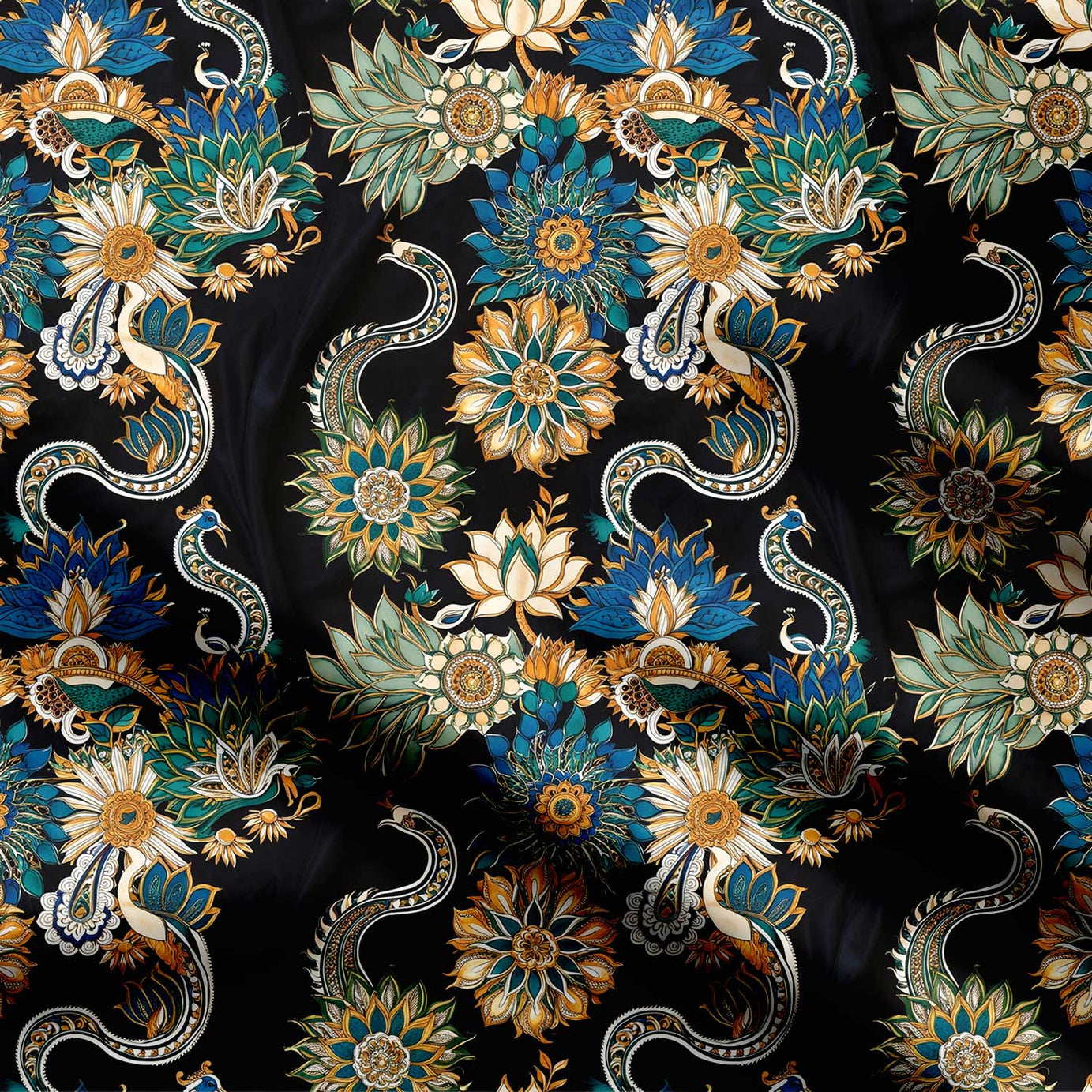 Black Ethnic Peacock Floral Print Fabric