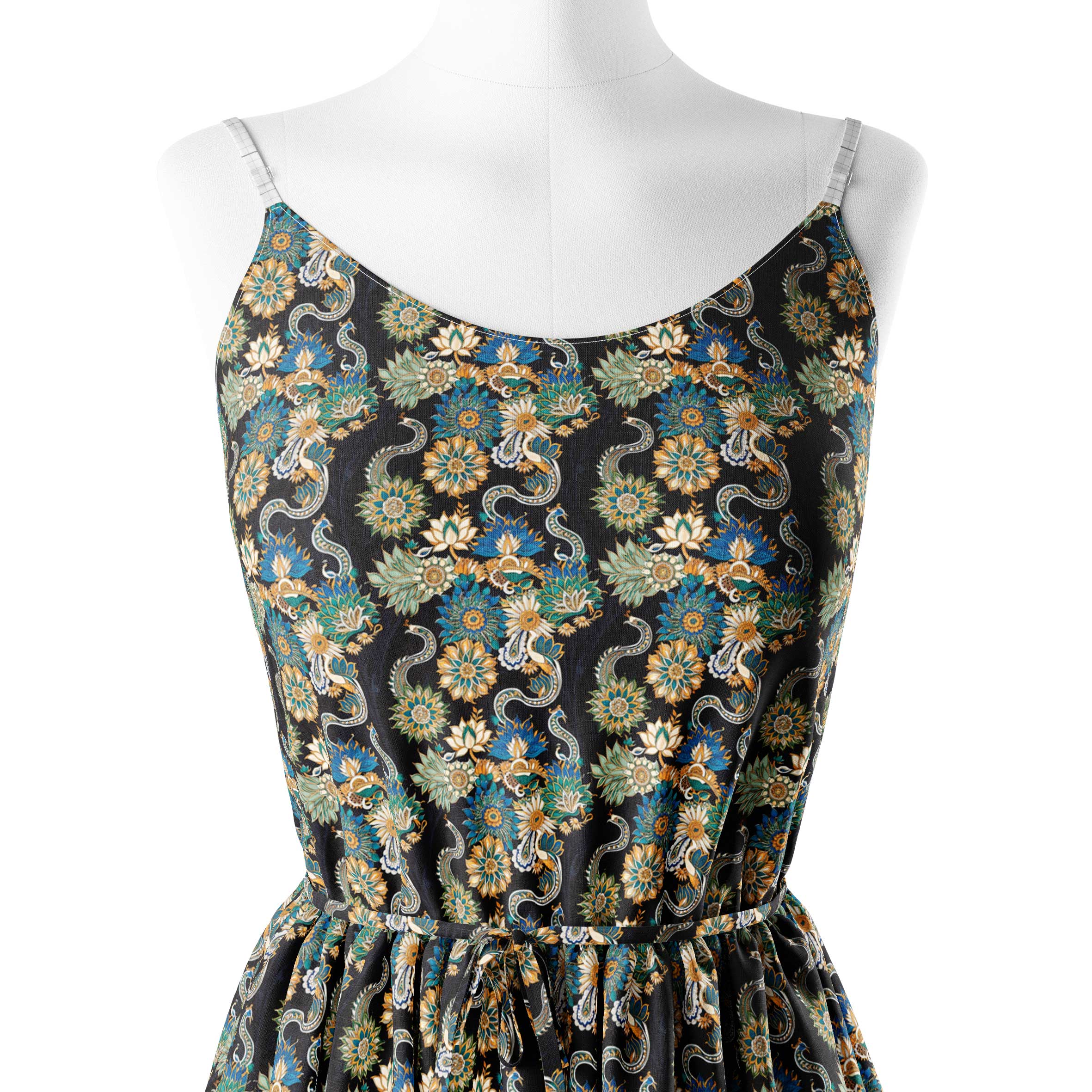 Black Ethnic Peacock Floral Print Fabric