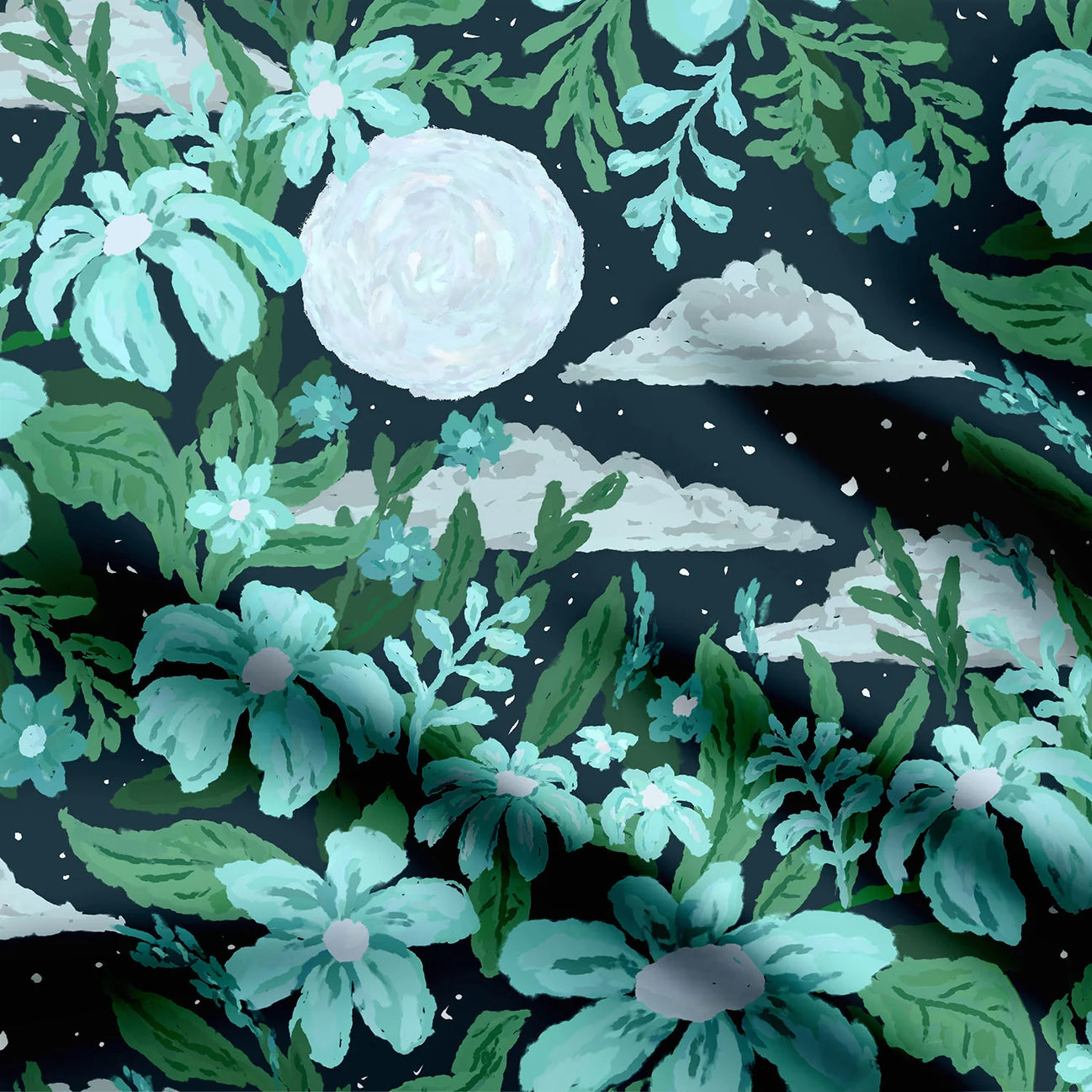 Moonlit Flower Garden - Blue Print Fabric