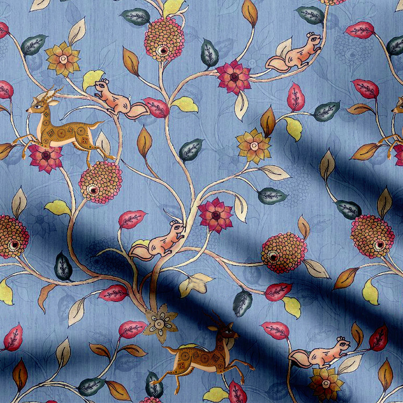 Squirrel and Dear Kalamkari Print Fabric